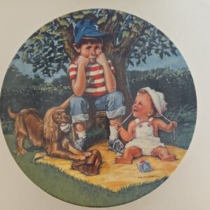 Vintage Decorative Plate with Children and Dog